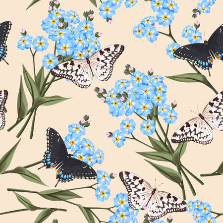 Vintage forget me not flowers and butterflies vector seamless backgroundのイラスト素材