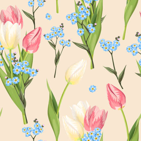 Beautiful forget me not flowers and tulip vector seamless backgroundのイラスト素材