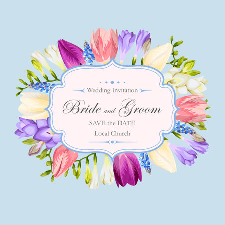 Vector vintage wedding invitation decorated with spring flowersのイラスト素材