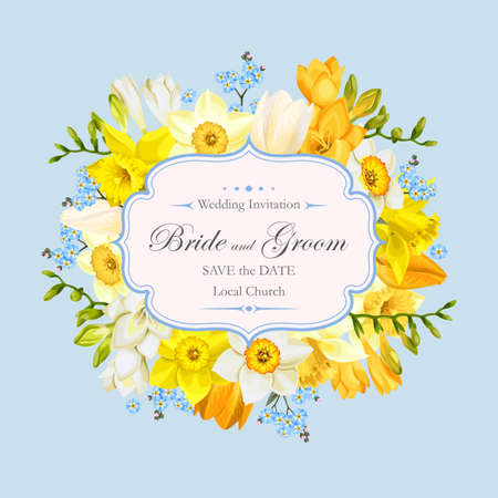Vector vintage wedding invitation decorated with spring flowersのイラスト素材