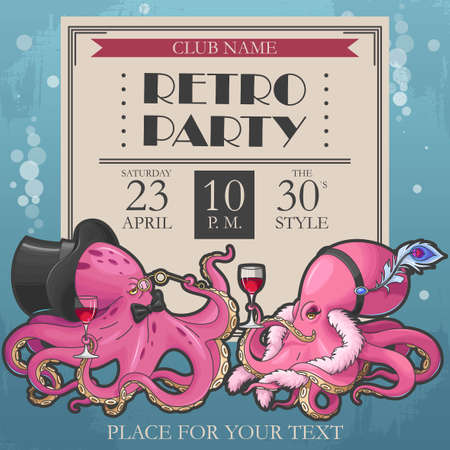 Vector retro party poster with two octopusesのイラスト素材