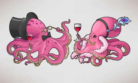 Illustration of two funny cartoon octopuses in retro costumesのイラスト素材