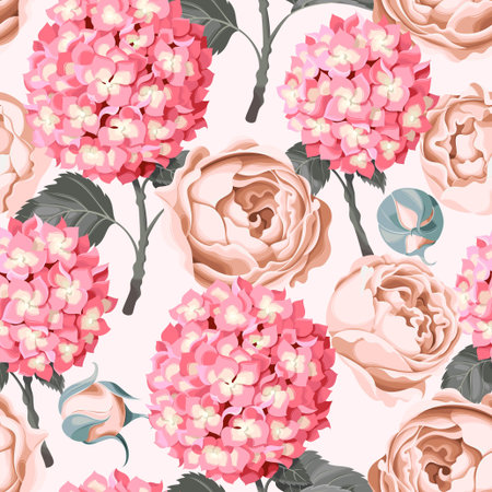 Beautiful and colorful hydrangea and peony vector seamless background
