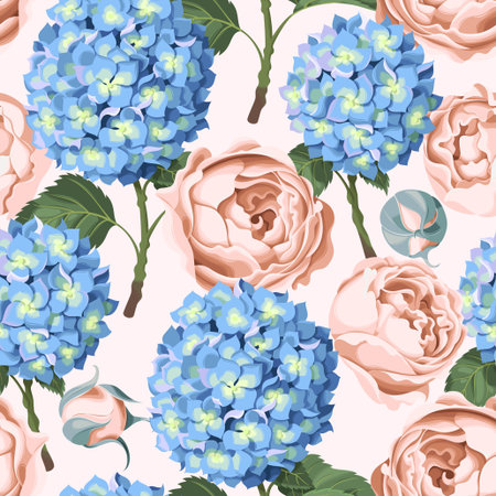 Beautiful and colorful hydrangea and peony vector seamless background