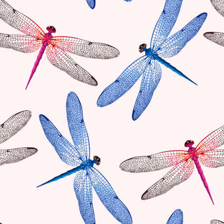 High detailed beautiful dragonflies vector seamless backgroundのイラスト素材