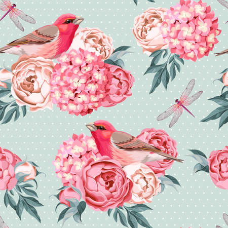Vintage birds and flowers vector seamless background with polka dotのイラスト素材