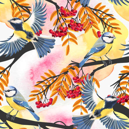 Tomtit and rowan vector seamless background with watercolor blotsのイラスト素材