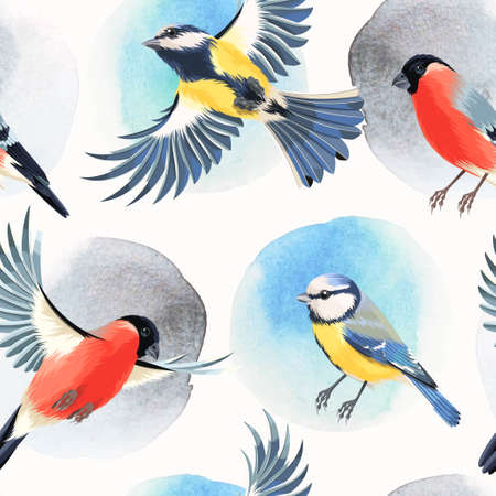 Flying bullfinch and tomtit vector seamless backgroundのイラスト素材