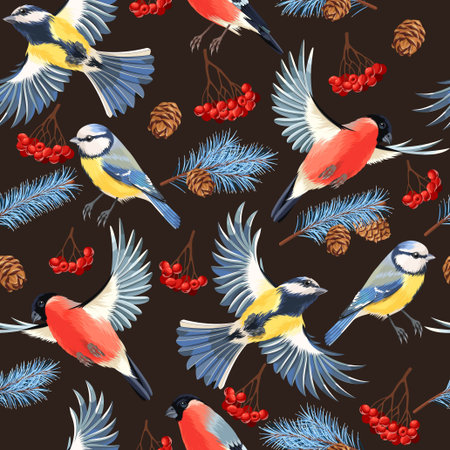 Tomtit, bullfinch, rowan and spruce vector seamless backgroundのイラスト素材