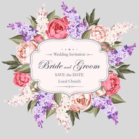 Vintage wedding invitation decorated with peony and lilacのイラスト素材