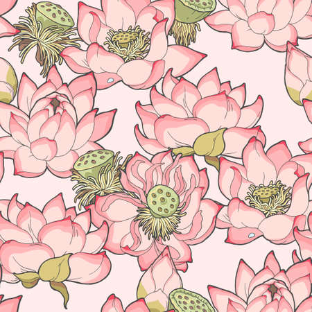 Detailed blooming pink lotus vector seamless backgroundのイラスト素材