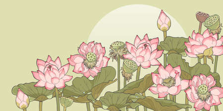 Vector illustration of thickets of blooming and withered lotusのイラスト素材