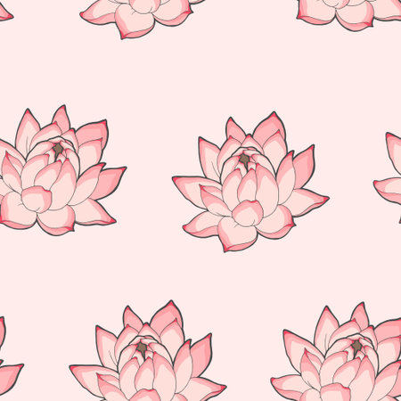 Detailed blooming pink lotus vector seamless backgroundのイラスト素材