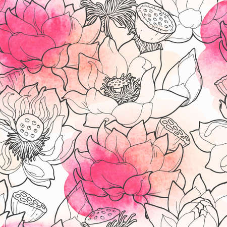 Detailed blooming pink lotus vector seamless backgroundのイラスト素材