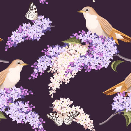 Varicolored lilac and birds vector seamless backgroundのイラスト素材