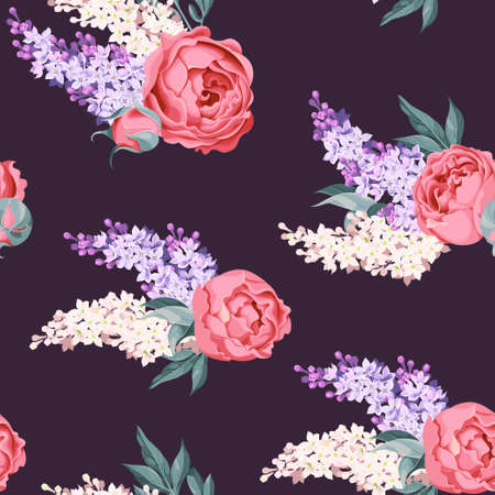 Vintage peony and lilac vector seamless backgroundのイラスト素材
