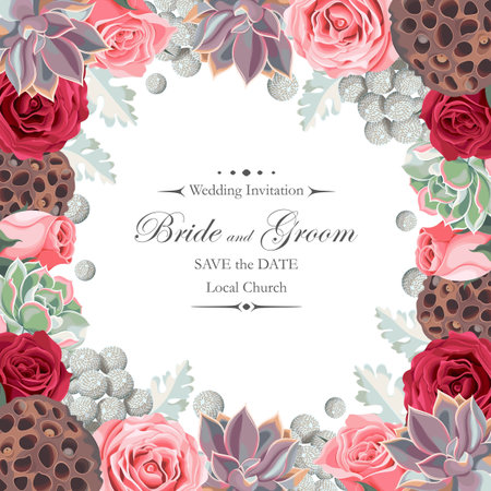 Vector vintage wedding invitation with peony roses and varicolored succulentsのイラスト素材