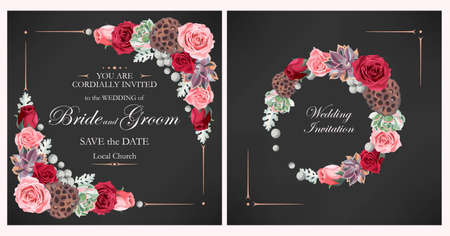 Vector vintage wedding invitation with peony roses and varicolored succulentsのイラスト素材