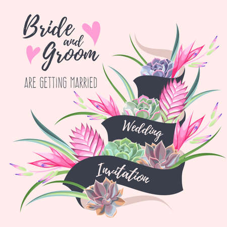 Vector wedding invitation with exotic flowers and succulentsのイラスト素材
