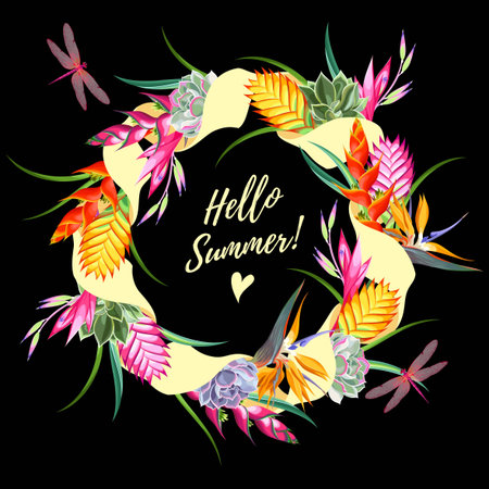 Hello summer vector greeting card with varicolored beautiful exotic flowersのイラスト素材