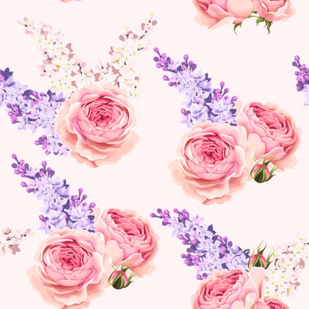 Vintage english roses and lilac vector seamless backgroundのイラスト素材