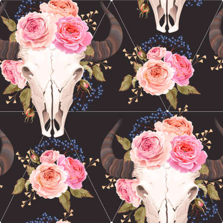 Buffalo skull decorated with flowers vector seamless backgroundのイラスト素材