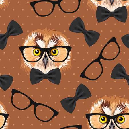 Owl with glasses and bow-tie vector seamless backgroundのイラスト素材