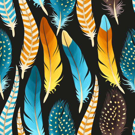 Decorative golden and blue feathers vector seamless backgroundのイラスト素材