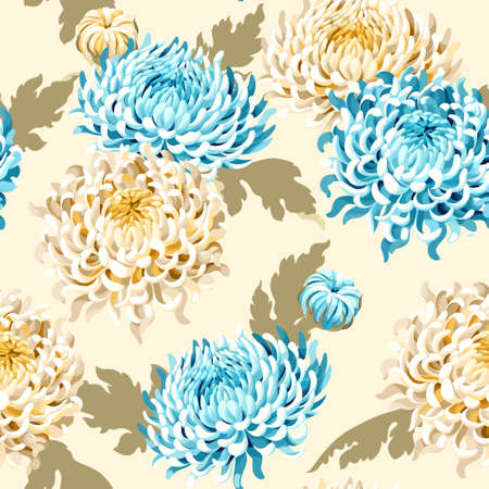 Japanese chrysanthemum flowers and leaves vector seamless backgroundのイラスト素材