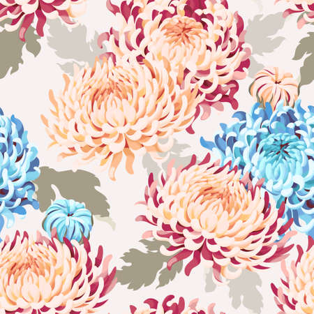 Japanese chrysanthemum flowers and leaves vector seamless backgroundのイラスト素材