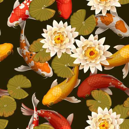Koi carps and lotus vector seamless backgroundのイラスト素材