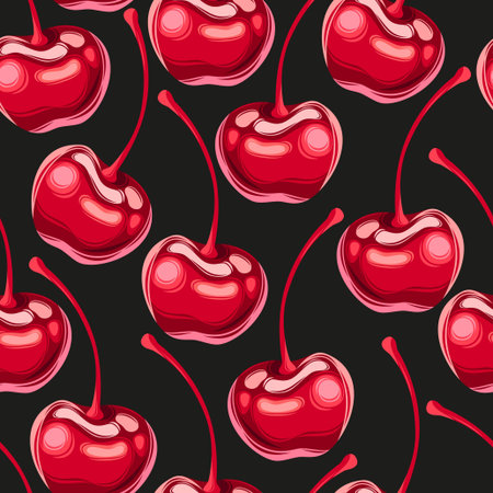 Cherries fruit seamless vector pattern on black background