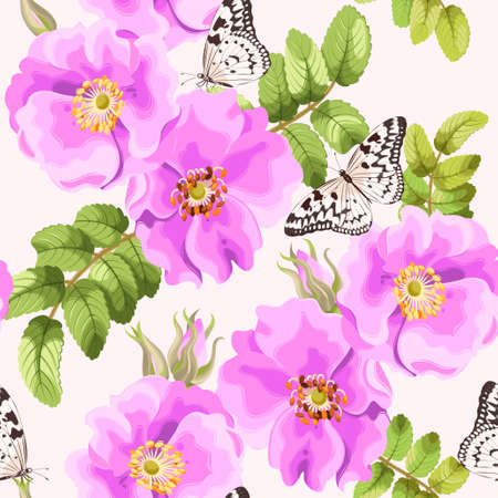 Brier rose flowers and berries vector seamless backgroundのイラスト素材