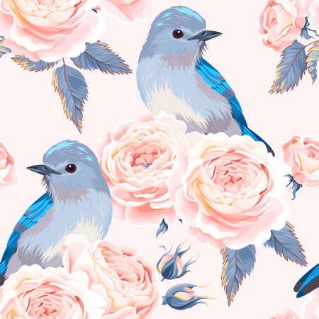 Vintage roses and birds vector seamless backgroundのイラスト素材