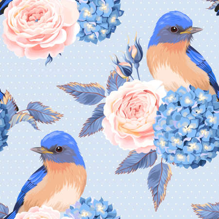 Vintage roses flowers and birds vector seamless backgroundのイラスト素材