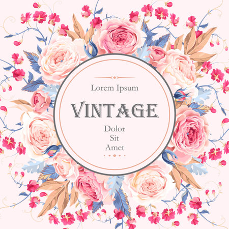 Vector vintage card with english roses and gypsophilaのイラスト素材
