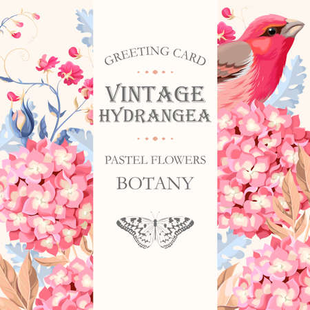 Vector greeting card with vintage hydrangea and the birdのイラスト素材