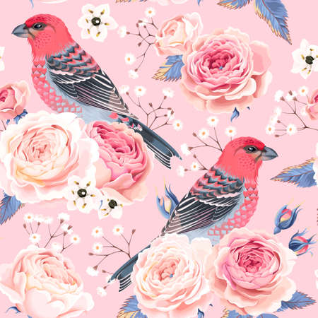 Vintage english roses and birds vector seamless backgroundのイラスト素材