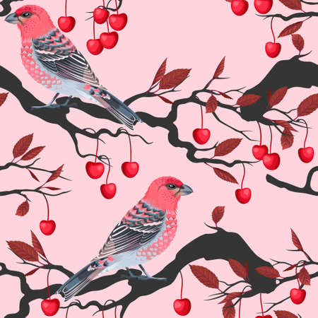 Pink birds and cherry tree vector seamless backgroundのイラスト素材