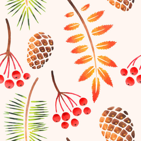 Pine and rowan branches with cones and rowan berries vector seamless background. Vectorized watercolor drawing.のイラスト素材