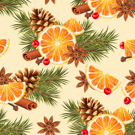 Orange slices and mulled wine spices vector seamless backgroundのイラスト素材