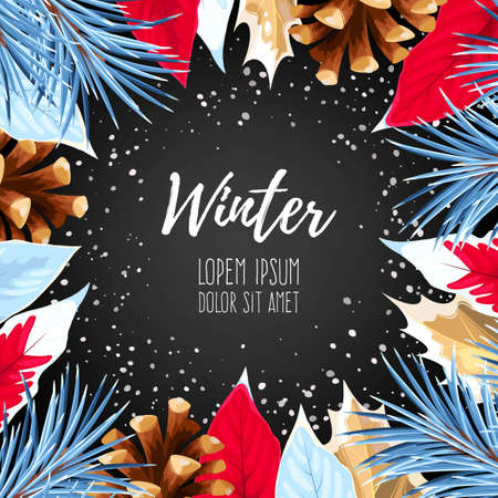 Vector winter card with poincettia, pine and hollyのイラスト素材