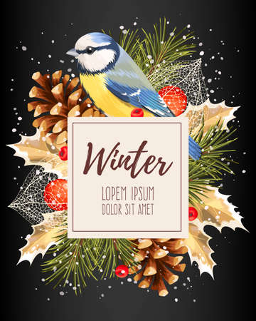 Vector card with winter cherry, pine and tomtitのイラスト素材