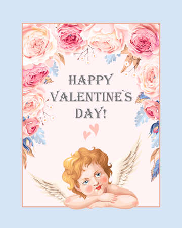 Valentines day card with roses and cupidのイラスト素材