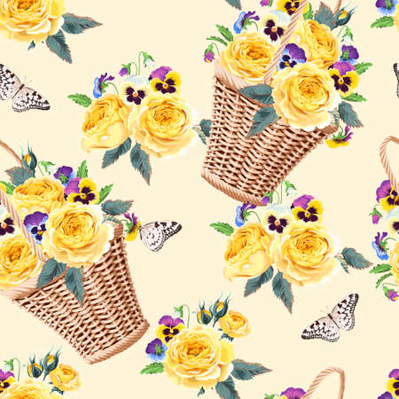 Basket with flowers seamlessのイラスト素材