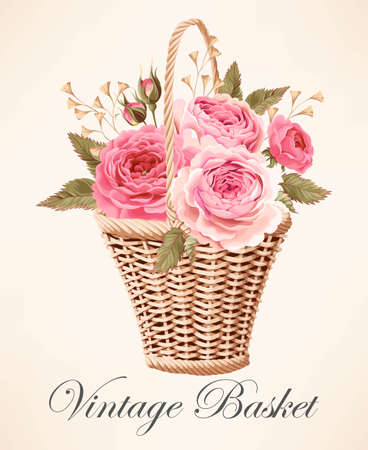 Vintage basket with flowersのイラスト素材