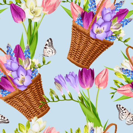 Basket with flowers seamlessのイラスト素材