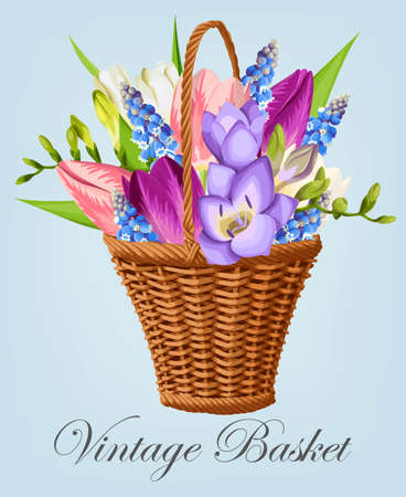 Vintage basket with flowersのイラスト素材
