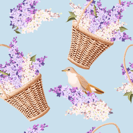 Basket with flowers seamlessのイラスト素材