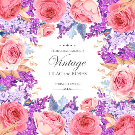 Vintage card with lilac and rosesのイラスト素材